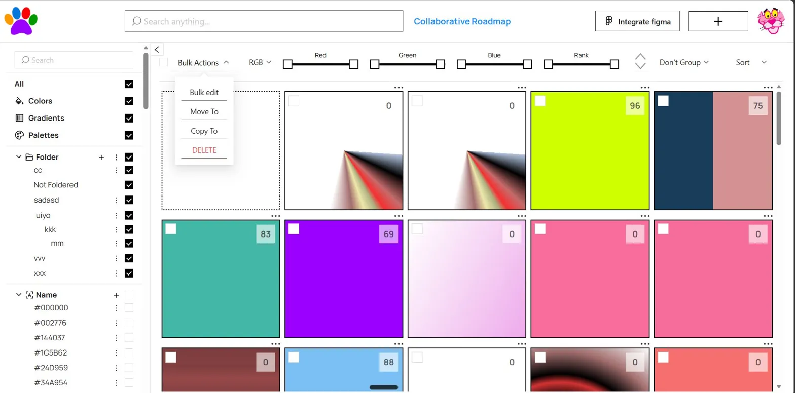 Web app showing bulk actions over a grid of colors and gradients