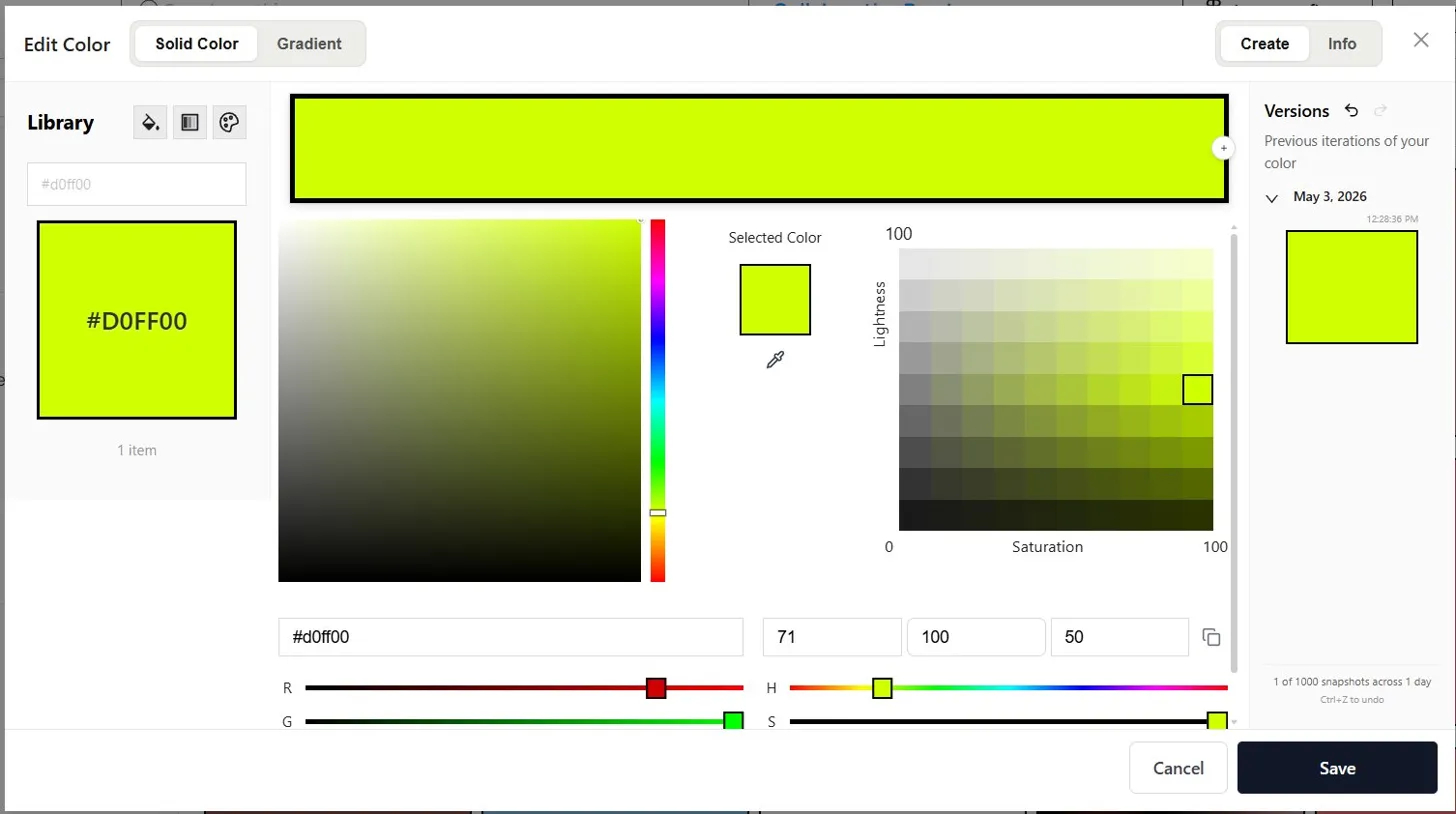 Color editor with versions panel showing previous iterations